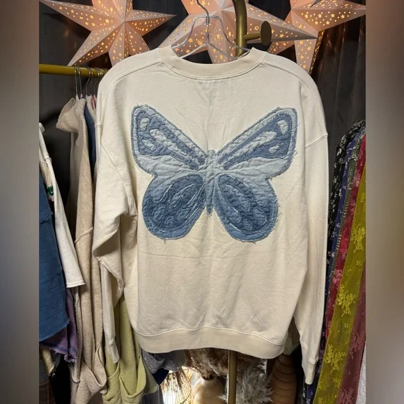 Tricia Fix x Free People Indigo Patchwork Butterfly Crewneck Sweatshirt NWOT - Picture 4 of 8